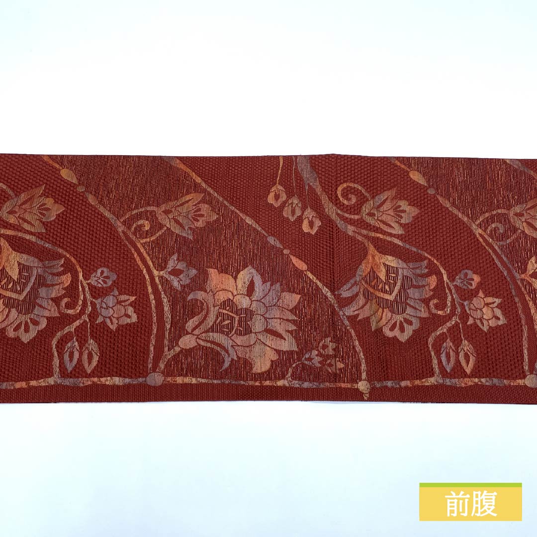 Nagoya obi, oxblood red, abstract floral pattern, obi length 358cm, pure silk, S rank, six-pass, casual, vermilion, 1124008072316, pine-needle style