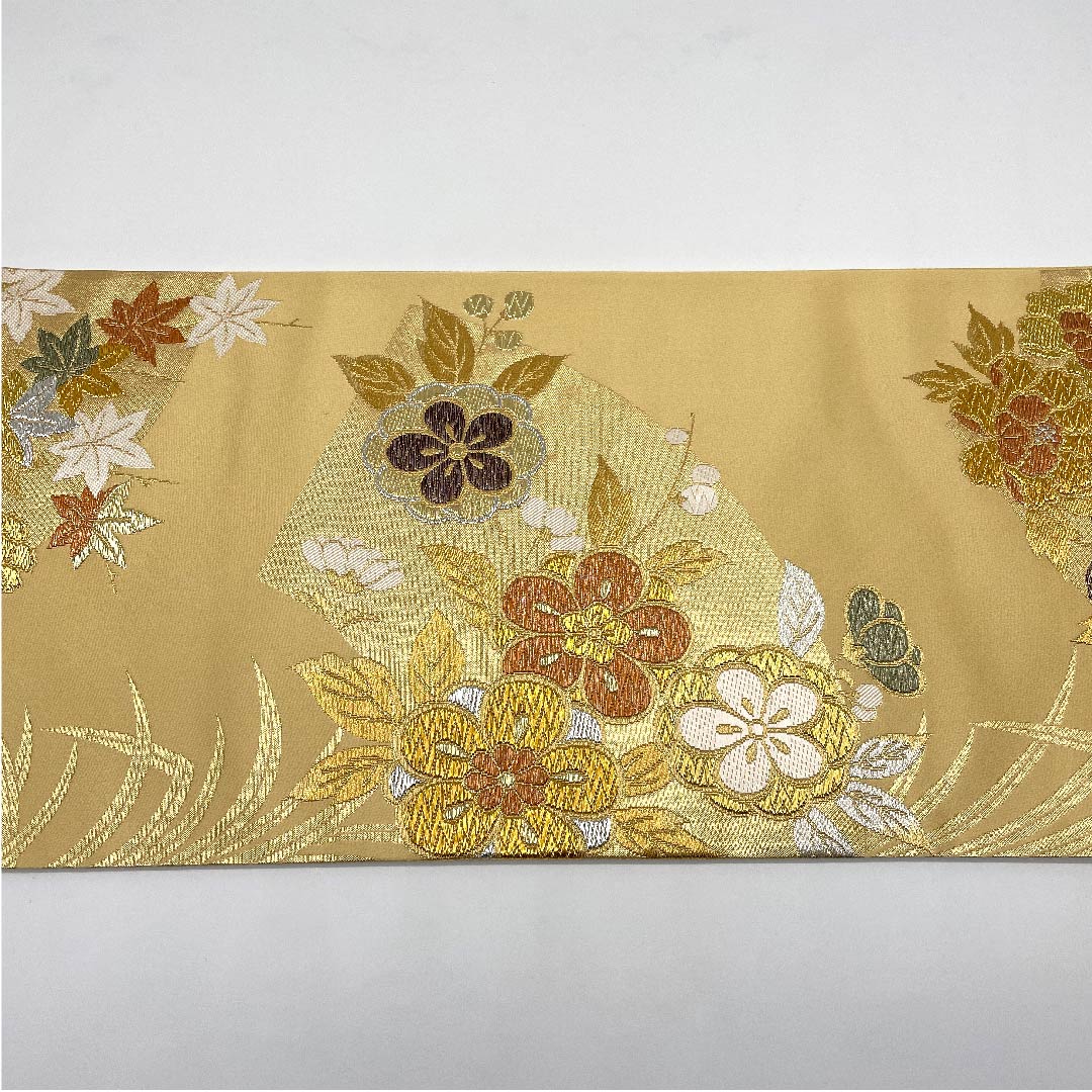 袋帯 金色 梅 紅葉 扇面 帯丈432cm 正絹 Aランク 六通 フォーマル 金系 1123005573321