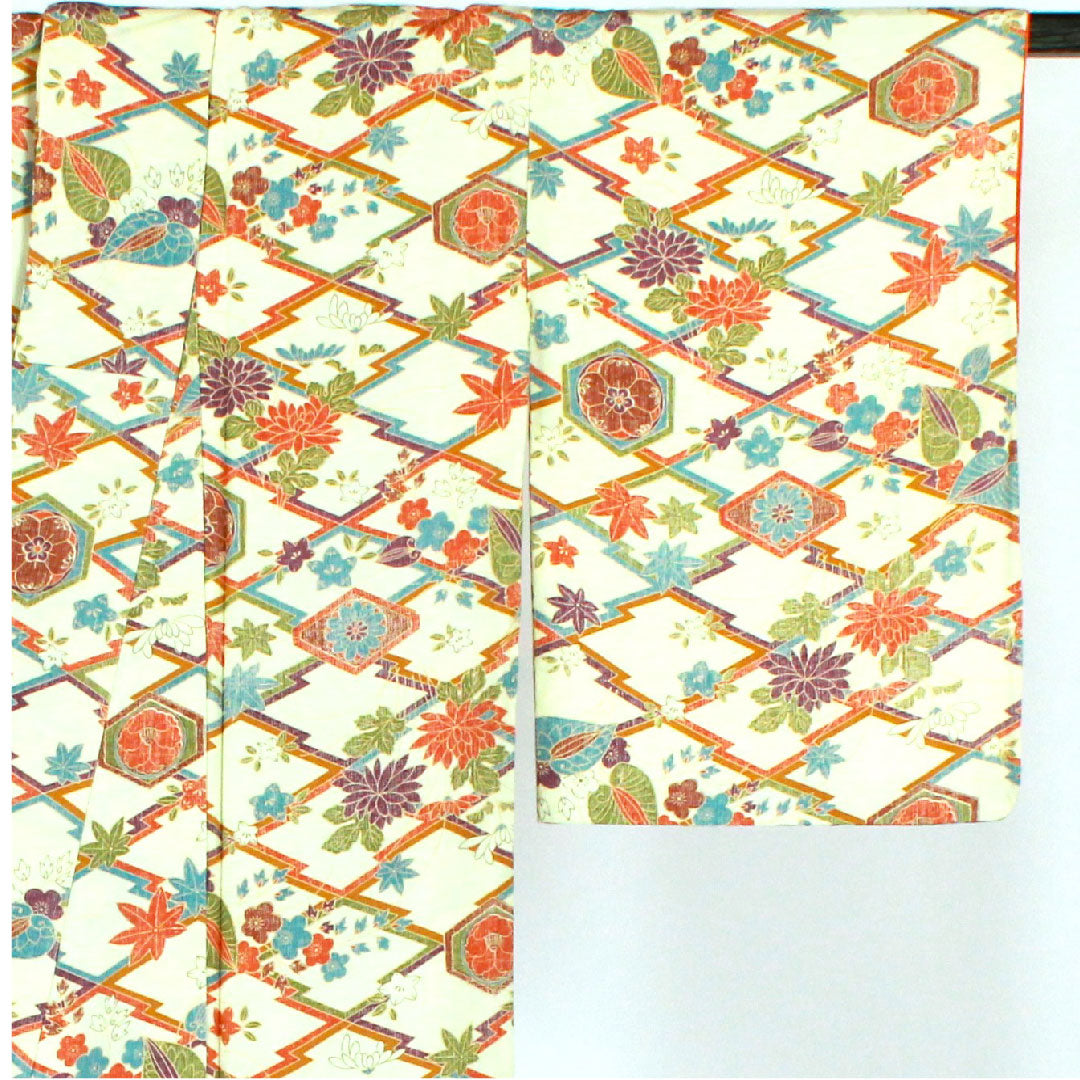 小紋 身丈157.5cm 裄丈64cm 袷  松皮菱 古典柄  ポリ Sランク クリーム系 1115000712315