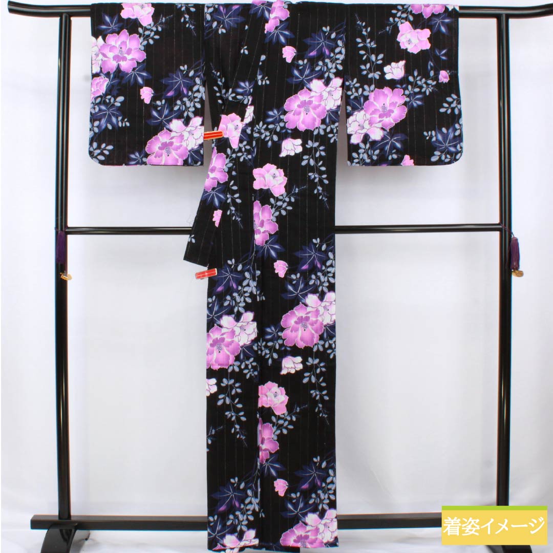 Cotton Yukata, Length 161.5cm, Sleeve Length 65cm, S Rank, Single Layer, Black, Vertical Silk, Floral Design with Silver Thread, Product Number: 1118006662410