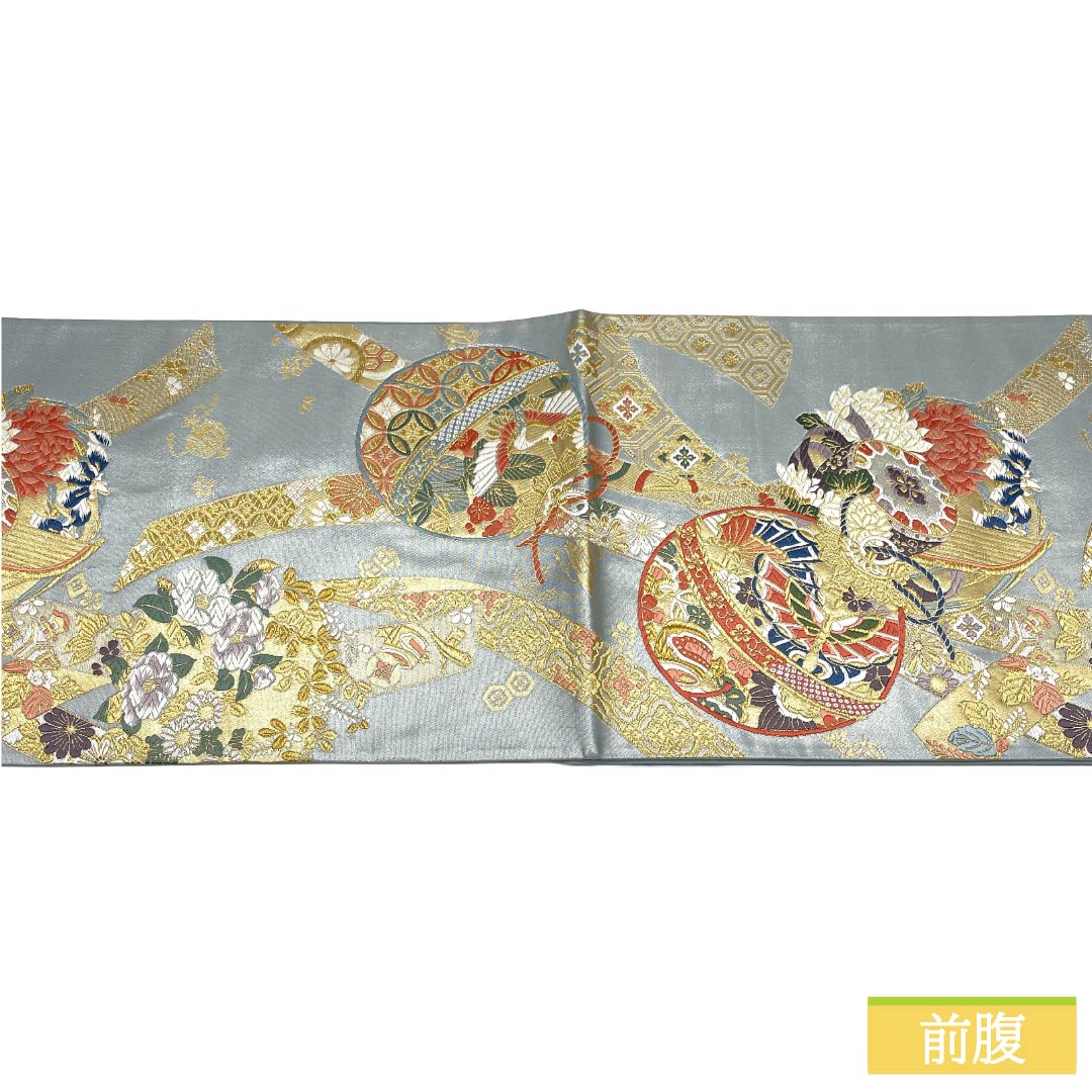 袋帯 正絹 Sランク 空色鼠色（そらいろねずいろ） 西陣織 天祥錦 鞠 熨斗 帯丈444cm 六通 フォーマル 水色系 1123017962324