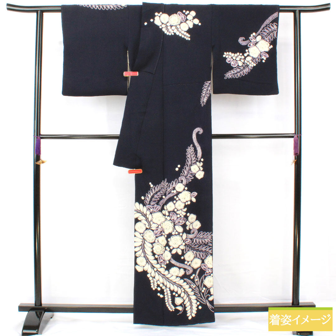 訪問着 正絹 袷 身丈158cm 裄丈67cm 青褐色（あおかちいろ） 辻ヶ花 部分絞り Aランク 紺系 1112005163318