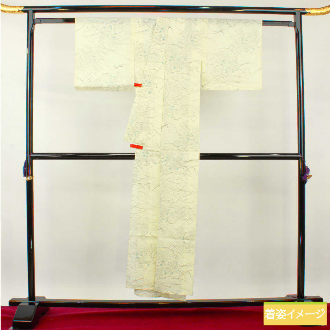 夏物 正絹 紬 身丈151cm 裄丈60.5cm 白百合色（しらゆりいろ） 草花模様 紗 Sランク クリーム系 1132001862215