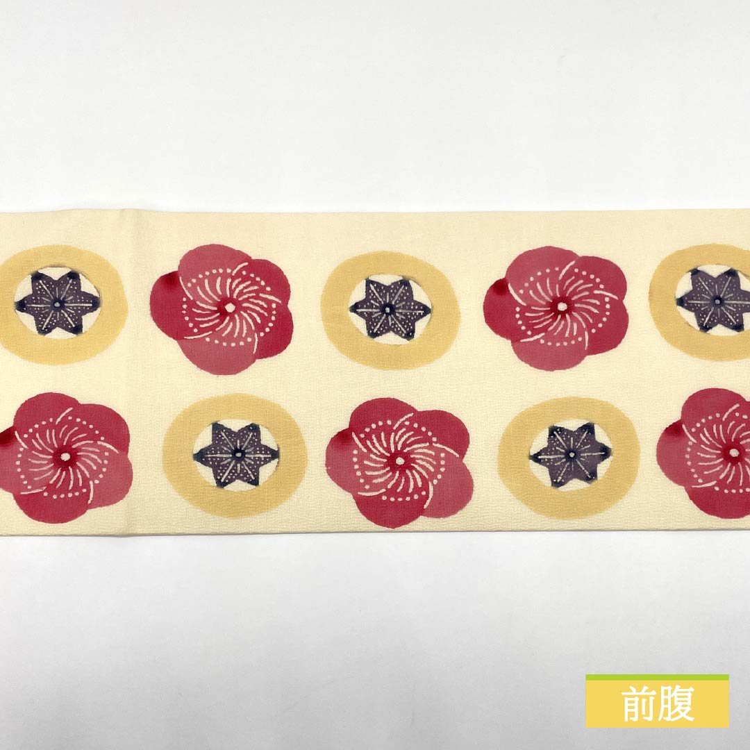 名古屋帯 生成り色（きなりいろ） 型染 ちりめん地 ねじり梅 帯丈360cm 正絹 Sランク 全通 カジュアル クリーム系 1124007702315 名古屋仕立て