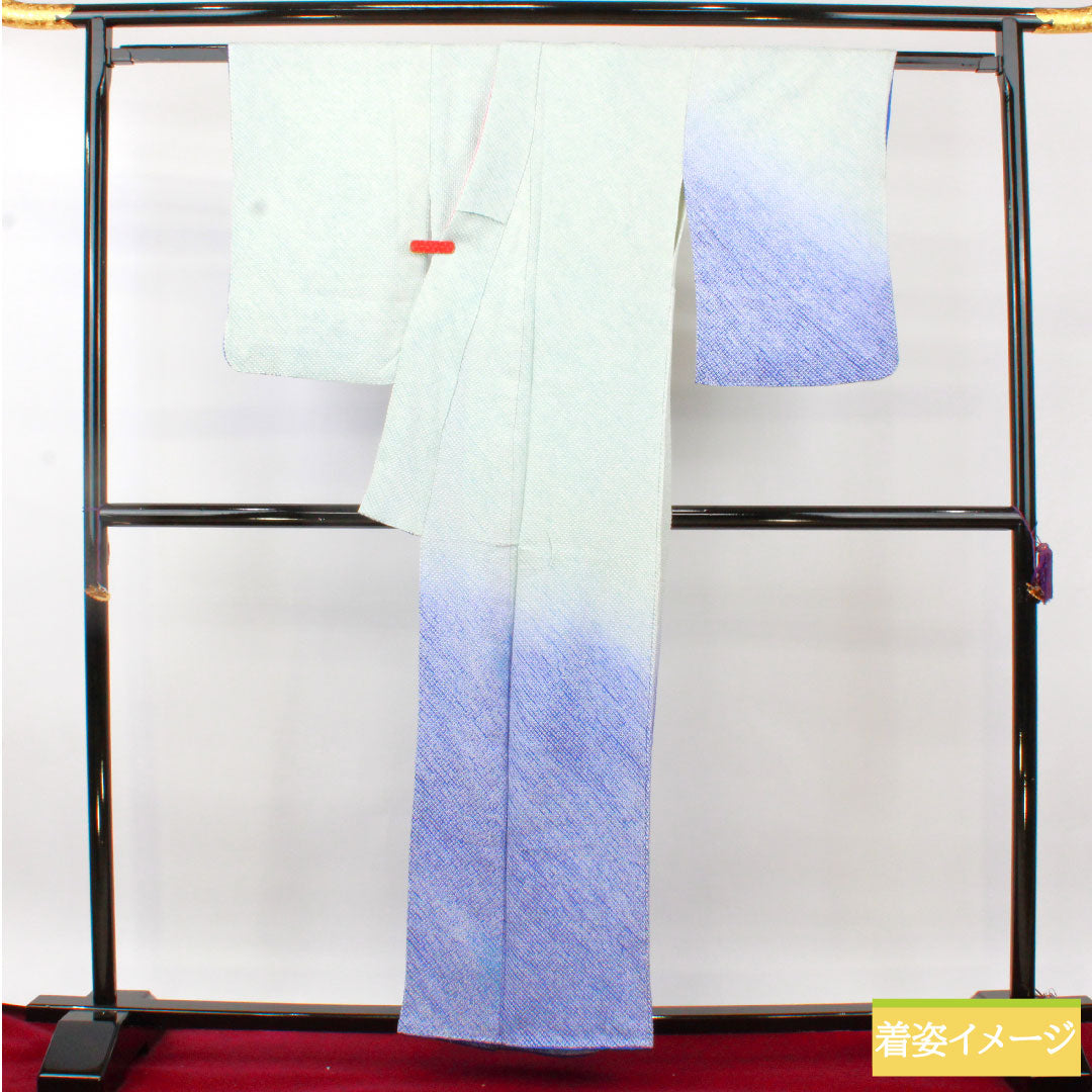 訪問着 正絹 袷 身丈159.5cm 裄丈64cm 藍白色（あいじろいろ） 総絞り 重ね衿付き Bランク 水色系 1112004824324
