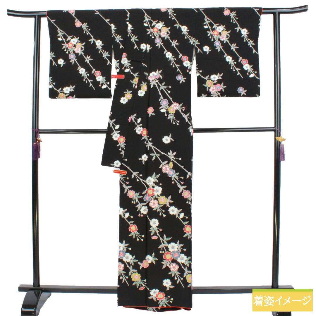 小紋 正絹 Sランク 身丈163cm 裄丈69cm 袷 型染 梅 黒系 1115008322410