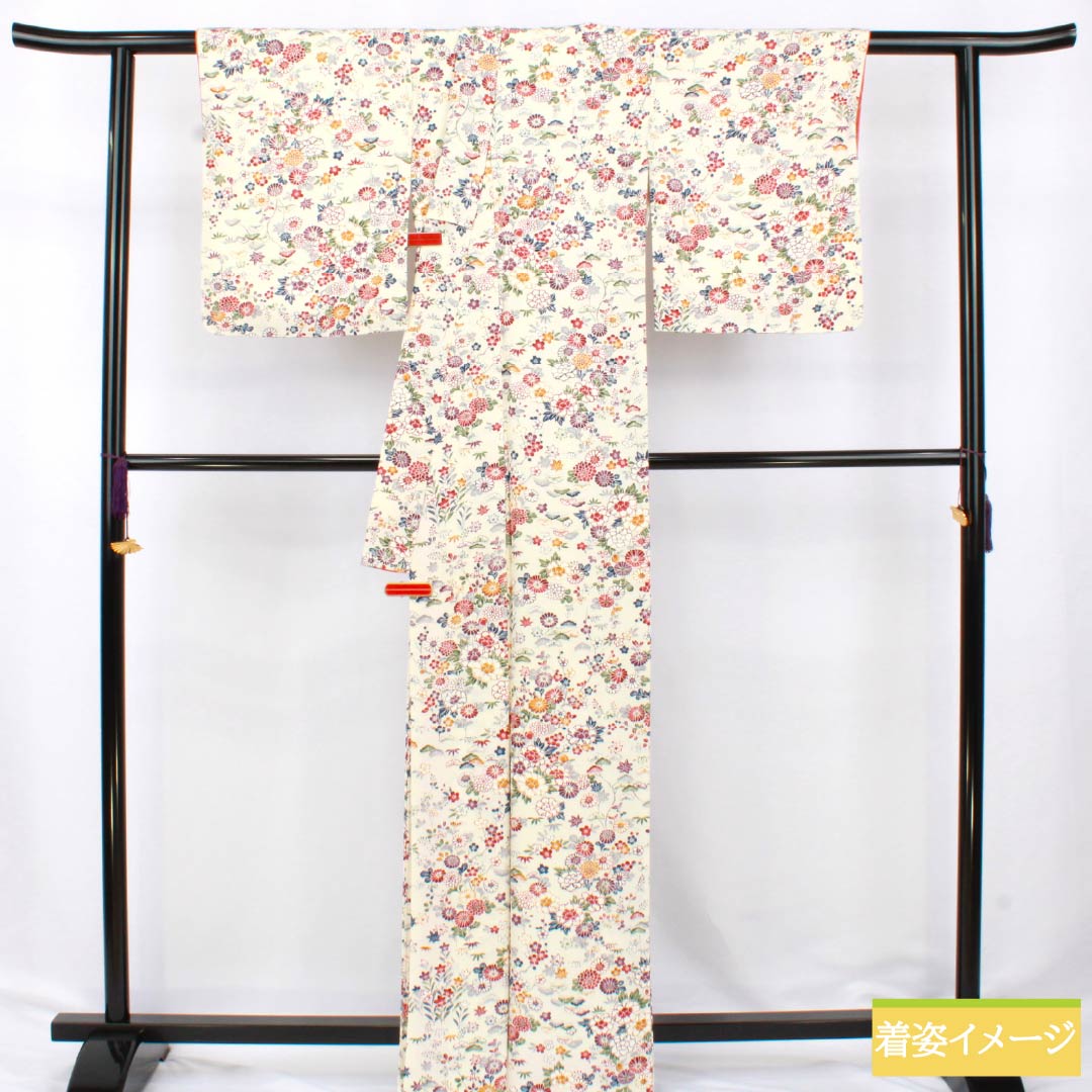小紋 正絹 Sランク 身丈165.5cm 裄丈65cm 袷 生成り色（きなりいろ） 京友禅 草木 花 白系 1115007052511