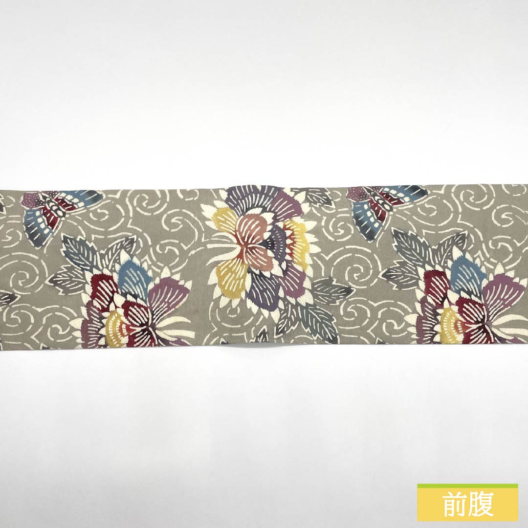 名古屋帯 正絹 Bランク 絹鼠色（きぬねずいろ） 型染 紅型調 牡丹 帯丈347cm 六通 カジュアル グレー系 1124010484322 名古屋仕立て