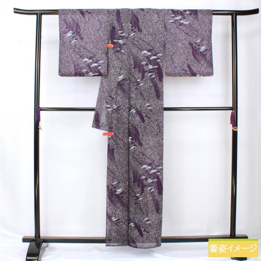 夏物 ポリエステル 小紋 身丈159cm 裄丈62.5cm 紫黒色（しこくしょく） 抽象模様 洗える着物 絽 Sランク 紫系 1132002212320