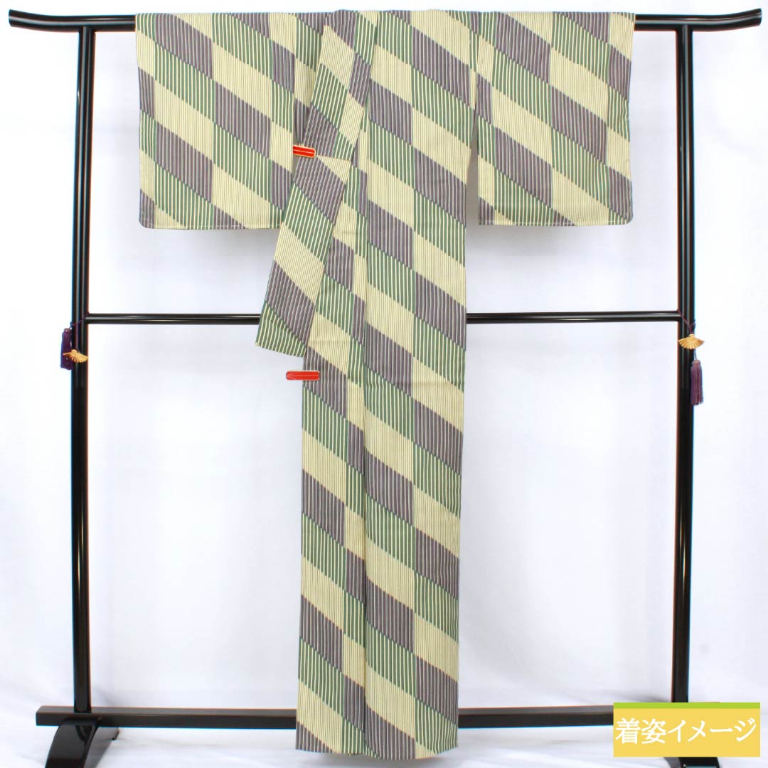 Polyester Komon, Rank S, Length 161cm, Sleeve-to-shoulder 65.5cm, Unlined, Light Yellow Ochre, Stenciled, Stripes, Diagonal Ichimatsu, Washable Kimono, Yellow-based, 1115008012423