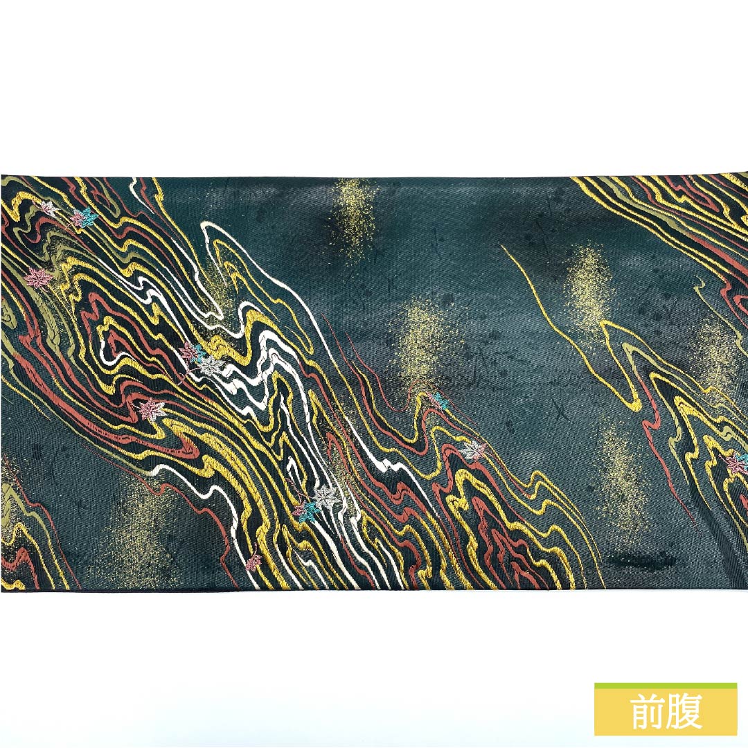 袋帯 正絹 深緑色（ふかきみどりいろ） 引箔 流水 紅葉 一騎箔 帯丈422cm Sランク 六通 セミフォーマル 緑系 1123013302319