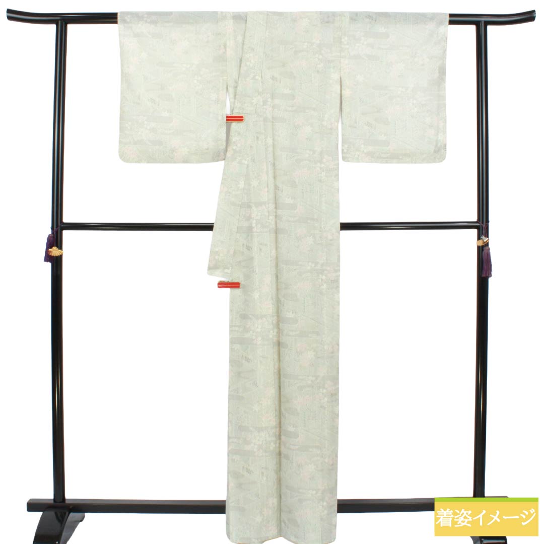 夏物 ポリエステル 小紋 Aランク 身丈163.5cm 裄丈66cm 卯の花色（うのはないろ） 古典柄 洗える着物 紗 グレー系 1132005363422
