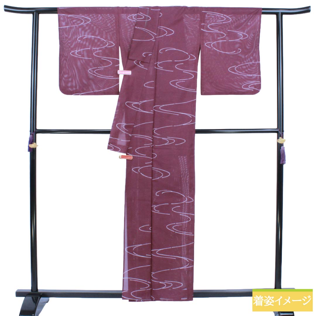 夏物 ポリエステル 小紋 Aランク 身丈157.5cm 裄丈64.5cm 葡萄色（えびいろ） 流水 洗える着物 絽 紫系 1132005383320