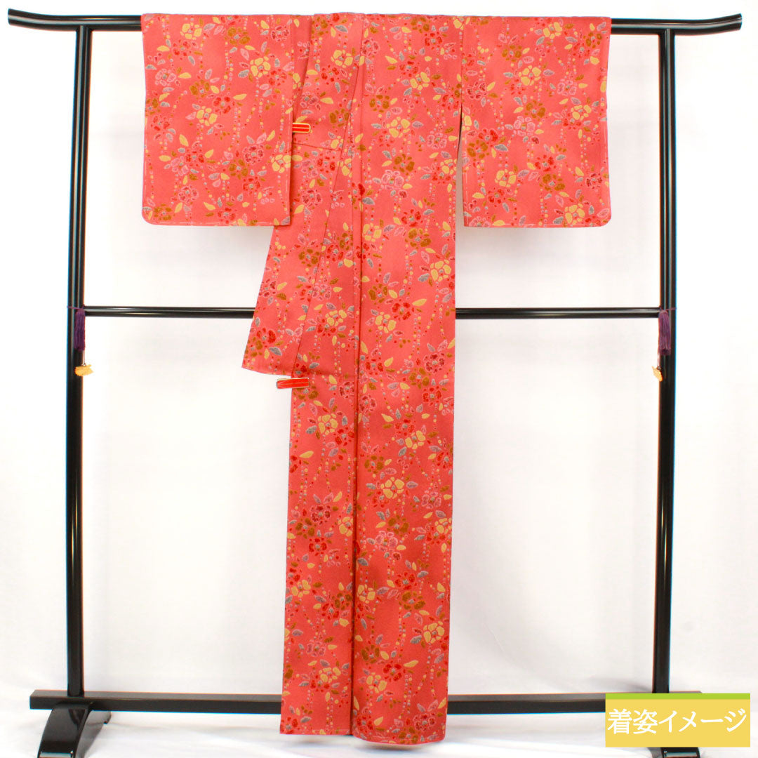 小紋 正絹 Sランク 身丈161.5cm 裄丈64cm 袷 紅絹色（もみいろ） 抽象花 部分絞り 赤系 1115007662412