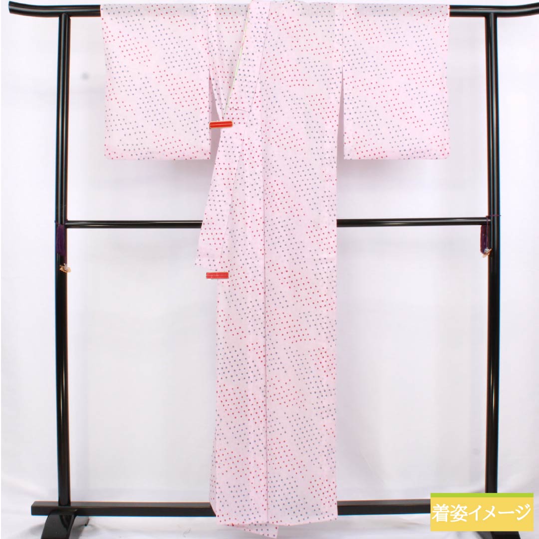夏物 ポリエステル 小紋 身丈158cm 裄丈64cm 白梅色（しらうめいろ） ドット柄 刺繍 洗える着物 紗 Sランク ピンク系 1132002562313