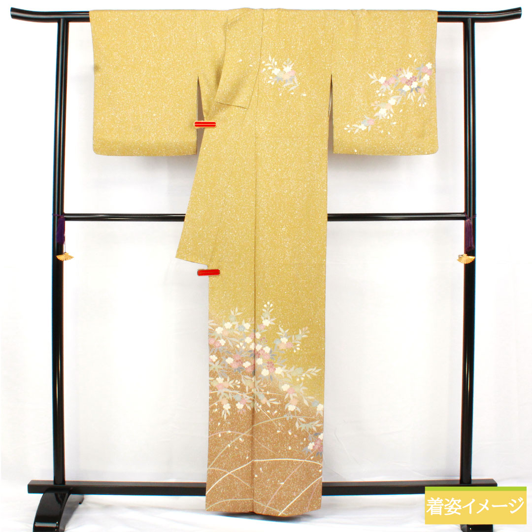 訪問着 正絹 袷 身丈160.5cm 裄丈65.5cm 梨子色（なしいろ） 京友禅 タタキ染 桜 Sランク 黄系 1112005622423