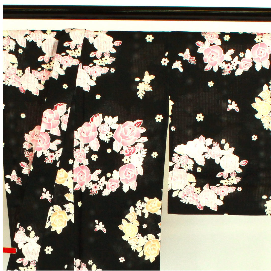 Yukata Rose Cotton S Rank Single Layer Length 163cm Sleeve Length 66cm Black 1118000382410