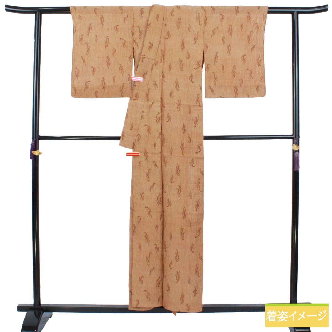 夏物 麻 紬 Sランク 身丈153.5cm 裄丈62cm 薄茶色（うすちゃいろ） 小千谷縮 抽象模様 紗 茶系 1132003792214