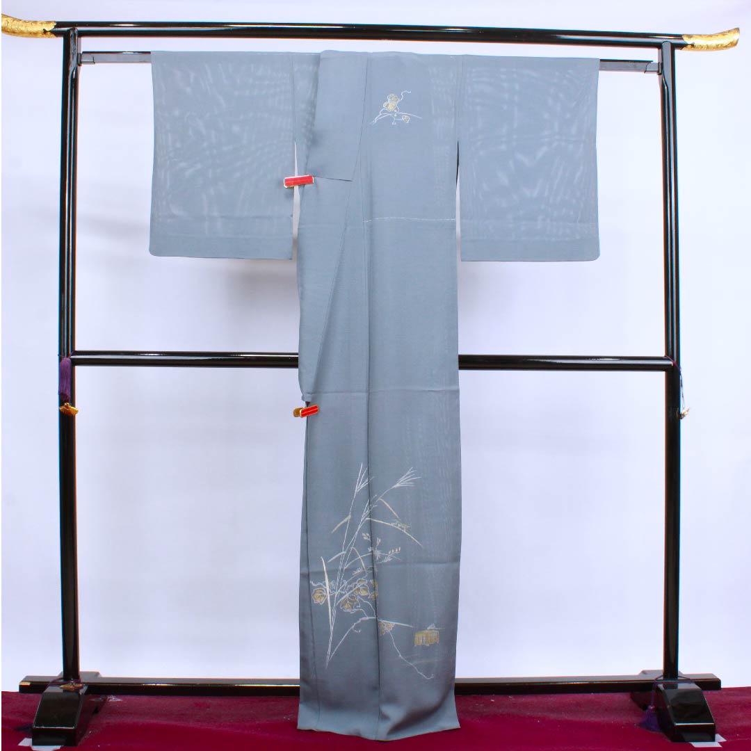 夏物 正絹 訪問着 身丈165cm 裄丈66.5cm 灰青色（はいあおいろ）鈴虫 ススキ 絽 Sランク グレー系 1132000052522