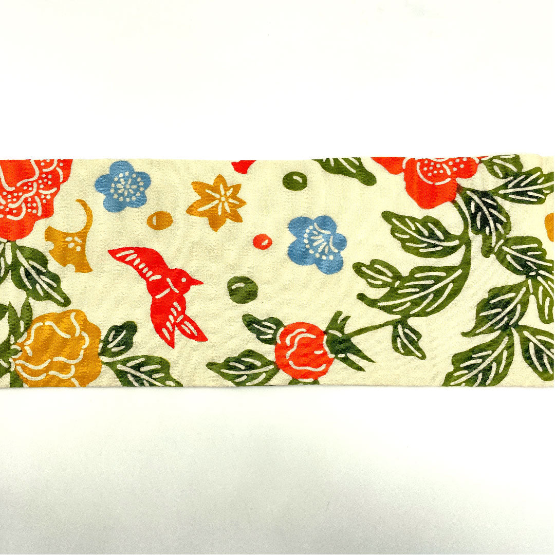 名古屋帯 型染 染め帯 花鳥模様 帯丈378cm 正絹 Aランク 全通 カジュアル クリーム系 1124002033315