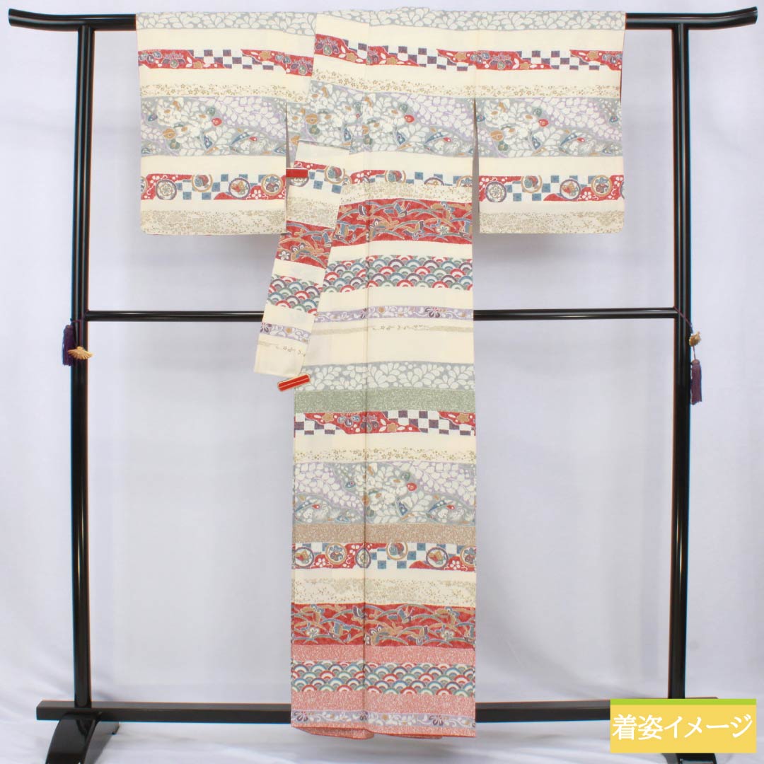訪問着 正絹 Sランク 袷 身丈156.5cm 裄丈63.5cm 練色（ねりいろ） 京友禅 横段 古典柄 クリーム系 1112007712315