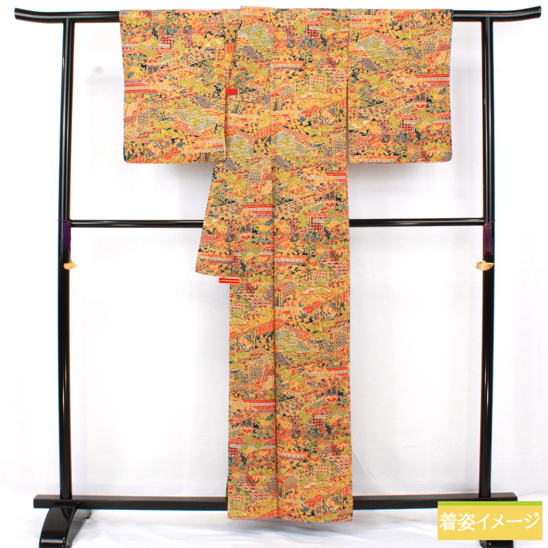 小紋 ポリエステル 身丈160cm 裄丈63.5cm 袷 紺藍色（こんあいいろ） 洗える着物 吉祥文様 Sランク 紺系 1115004612418