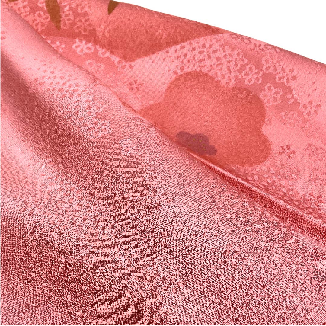 (New old stock) Formal obiage, pure silk, pinkish red, plum, bamboo, fan-shaped, length 179cm, width 30cm, S rank, pink, 1136000222913