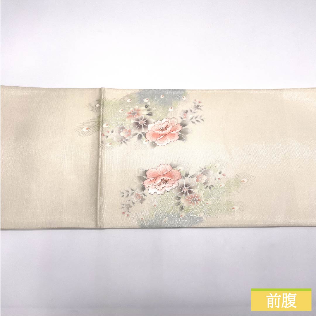 袋帯 正絹 胡粉色（ごふんいろ） 留袖用 刺繍 孔雀 花模様 帯丈428cm Aランク ポイント柄 フォーマル 白系 1123014243311