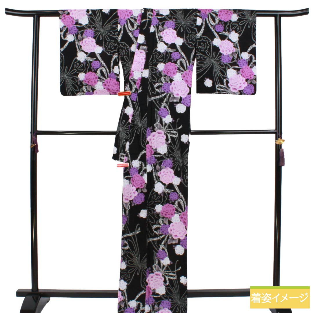 浴衣 木綿 Sランク 身丈165cm 裄丈65.5cm 薔薇 蝶 単衣 黒系 1118007632510
