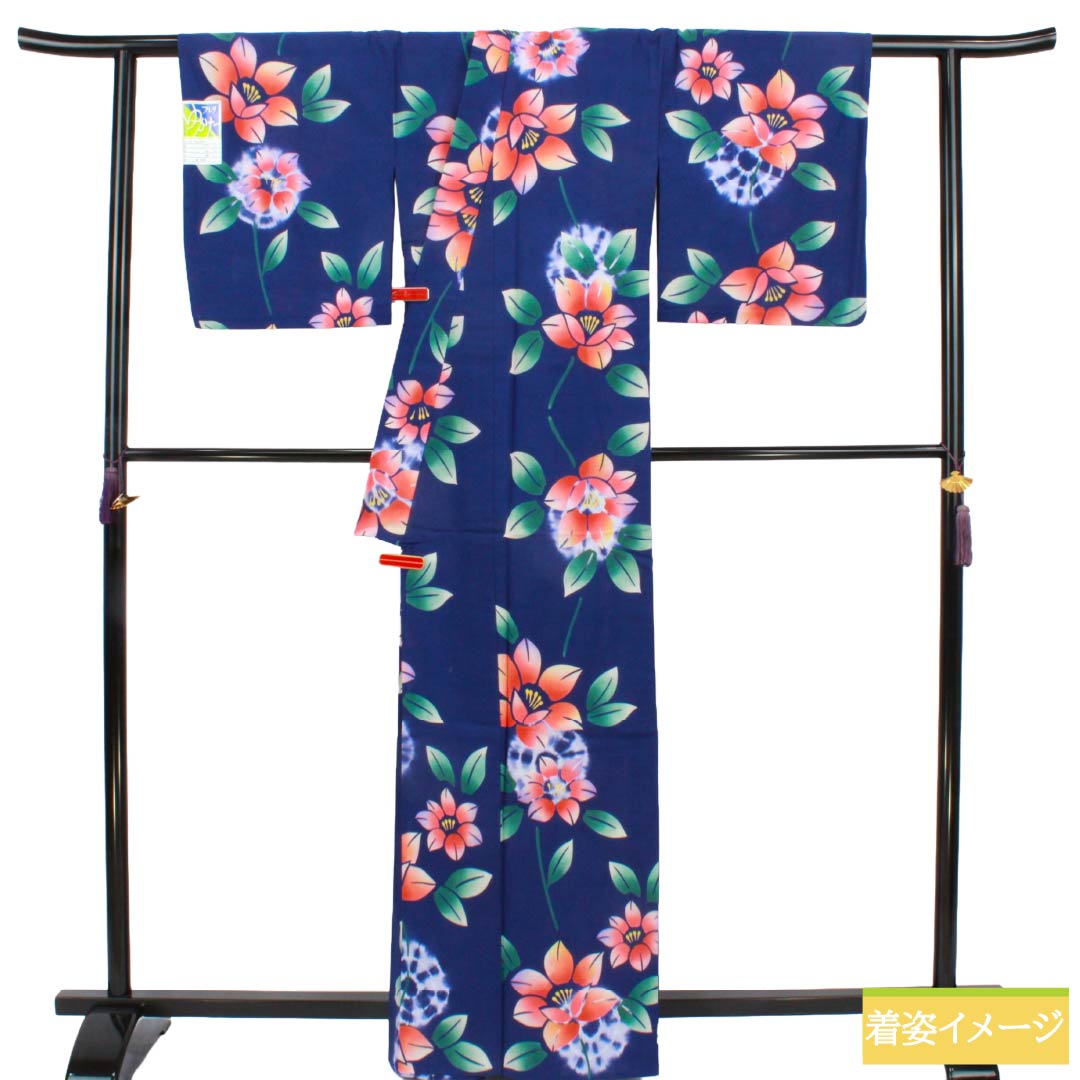 浴衣 木綿 Sランク 身丈164cm 裄丈67.5cm 草花模様 単衣 紺系 1118007122418