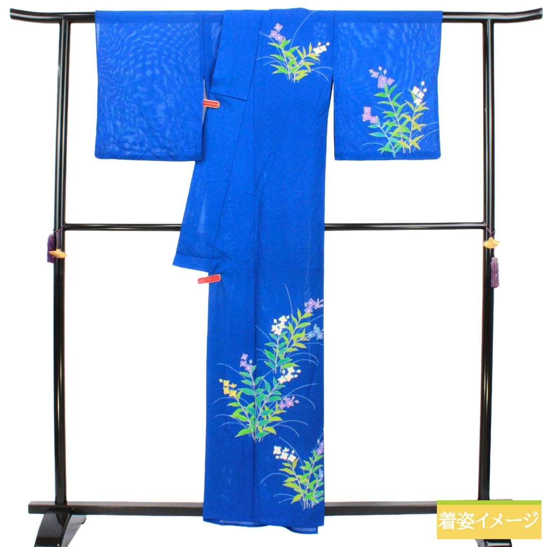 ☆ 夏着物 浴衣 竹 紺瑠璃色 K-5176 リサイクル着物】夏物 正絹 訪問着 Aランク 身丈157.5cm 裄丈64cm 瑠璃