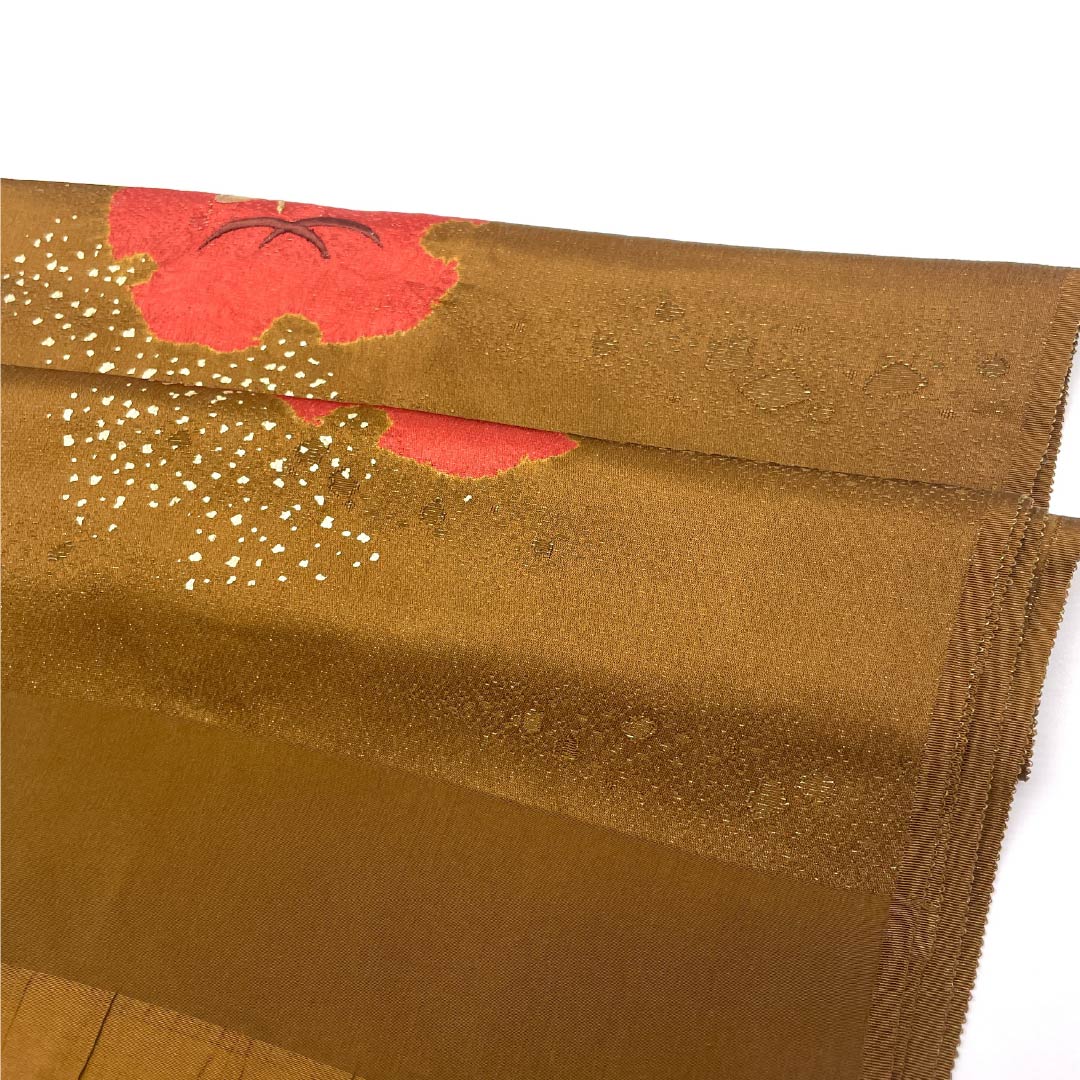 帯揚げ 正絹 Sランク セミフォーマル 黄褐色（おうかっしょく） 雪輪 部分絞り 刺繍 長さ約170cm 幅約30.5cm 茶系 1136002722914