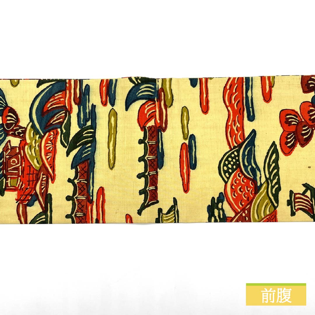 名古屋帯 淡黄色色（たんこうしょくいろ） 京紅型 風景模様 魚 帯丈356cm 正絹 Sランク 全通 カジュアル 黄系 1124007362323 名古屋仕立て
