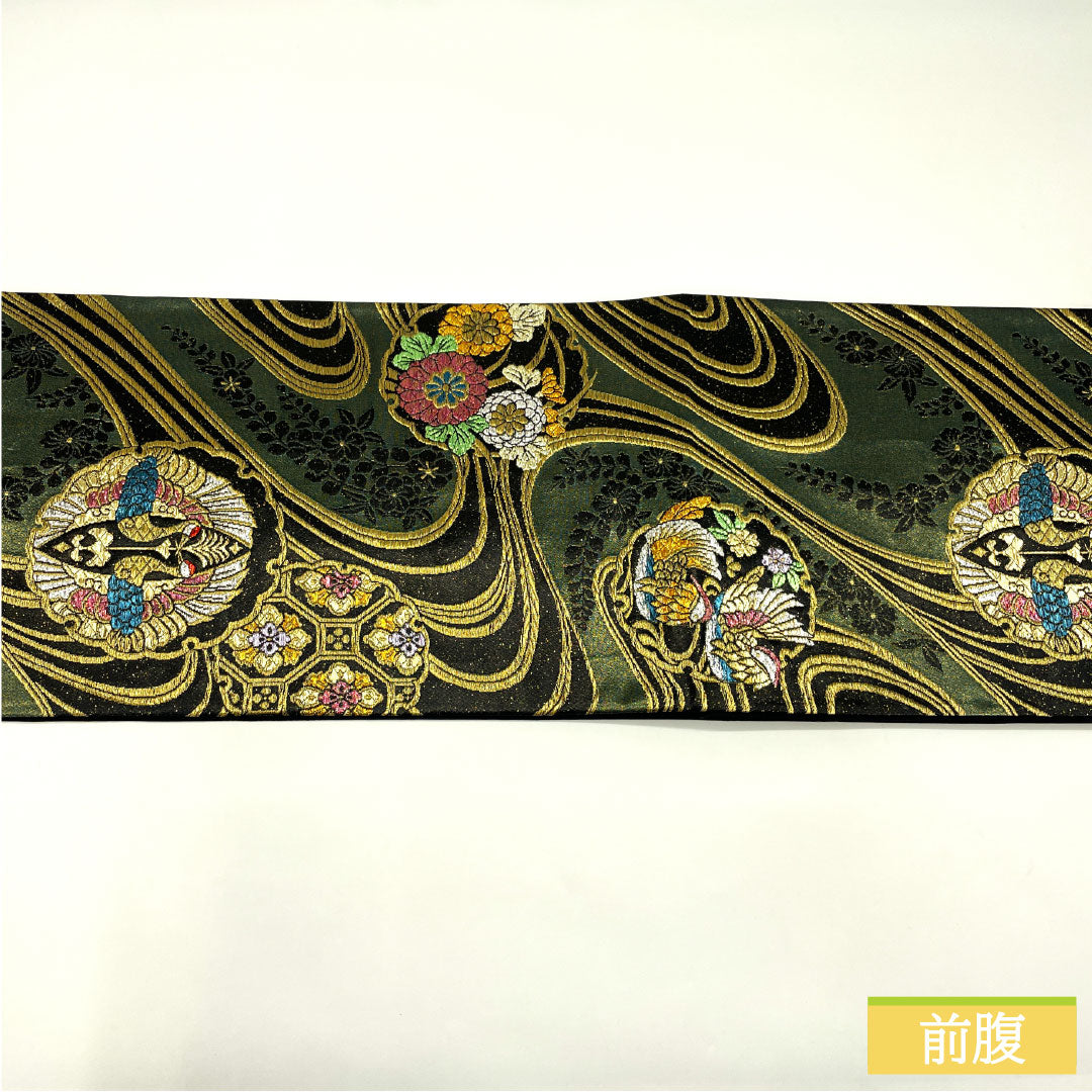 袋帯 正絹 Sランク 西陣織 引箔 流水 雪輪 向かい鶴 帯丈444cm 六通 フォーマル 黒系 1123017032310