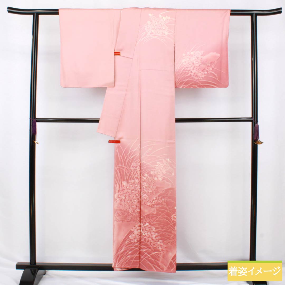 訪問着 正絹 Aランク 袷 身丈155cm 裄丈62cm 浅紅色（あさべにいろ） 縫い紋 一つ紋 ろうけつ染め 草花 重ね衿付き ピンク系 1112006323313