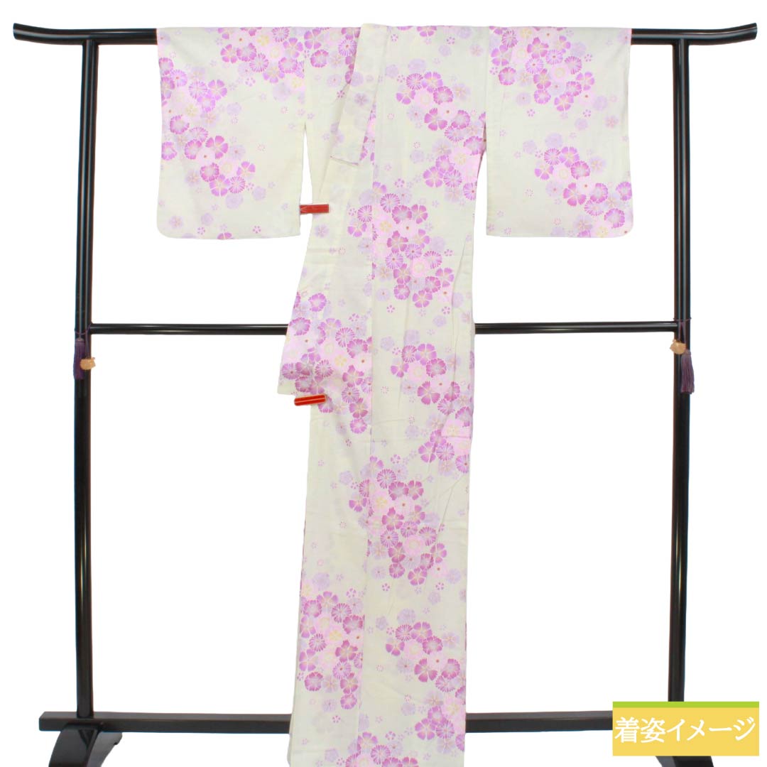 浴衣 木綿 Aランク 身丈164.5cm 裄丈63cm 桜 菊 単衣 白系 1118007513411