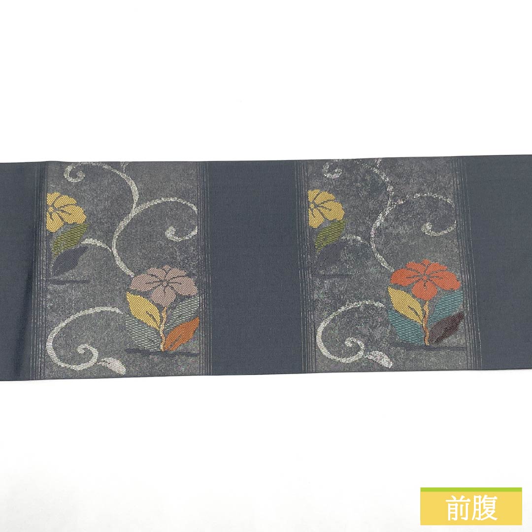 Nagoya Obi, Pure Silk, S-Rank, Gray-Blue (Haiaoiro), Chinese Flower Pattern, Length 362cm, Pointed Pattern, Semi-Formal, Gray, Product Number 1124010762322, Nagoya Style