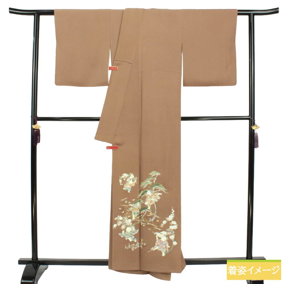 色留袖 正絹 Bランク 身丈158cm 裄丈66cm 袷 光悦茶色（こうえつちゃいろ） 京友禅 童 松竹梅 三つ紋 揚羽蝶 比翼付き 三つ紋 茶系 1111002174314