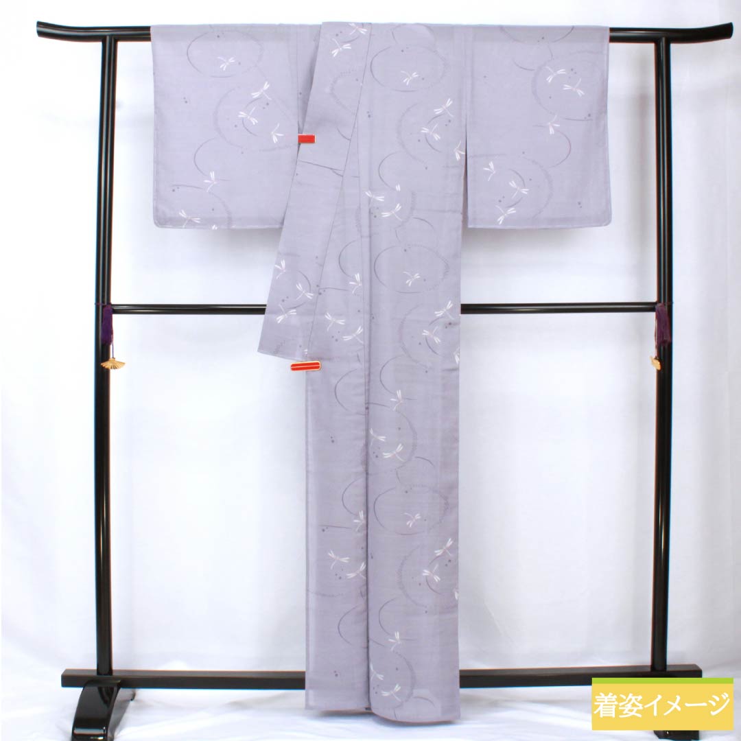 夏物 ポリエステル 小紋 身丈163cm 裄丈64.5cm 貴族鼠色（きぞくねずいろ） 波紋 トンボ 洗える着物 紗 Sランク 紫系 1132002142420