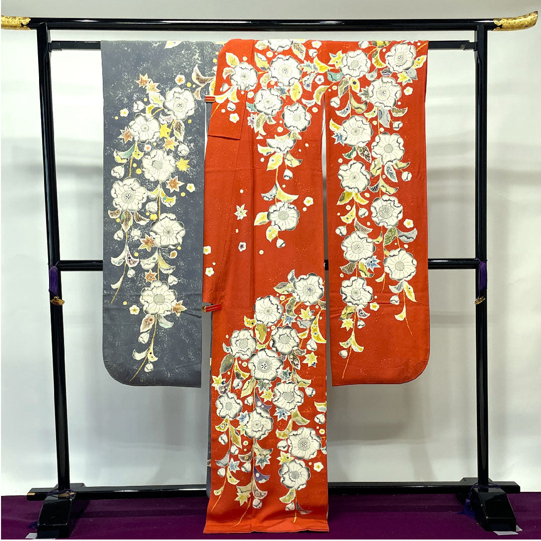 Long-sleeved kimono, length 175.5cm, sleeve length 68cm, lined, Kyoto Yuzen, Tsujigahana, dyed separately, circle with quince, pure silk, A rank, gradation style, 1113001583899