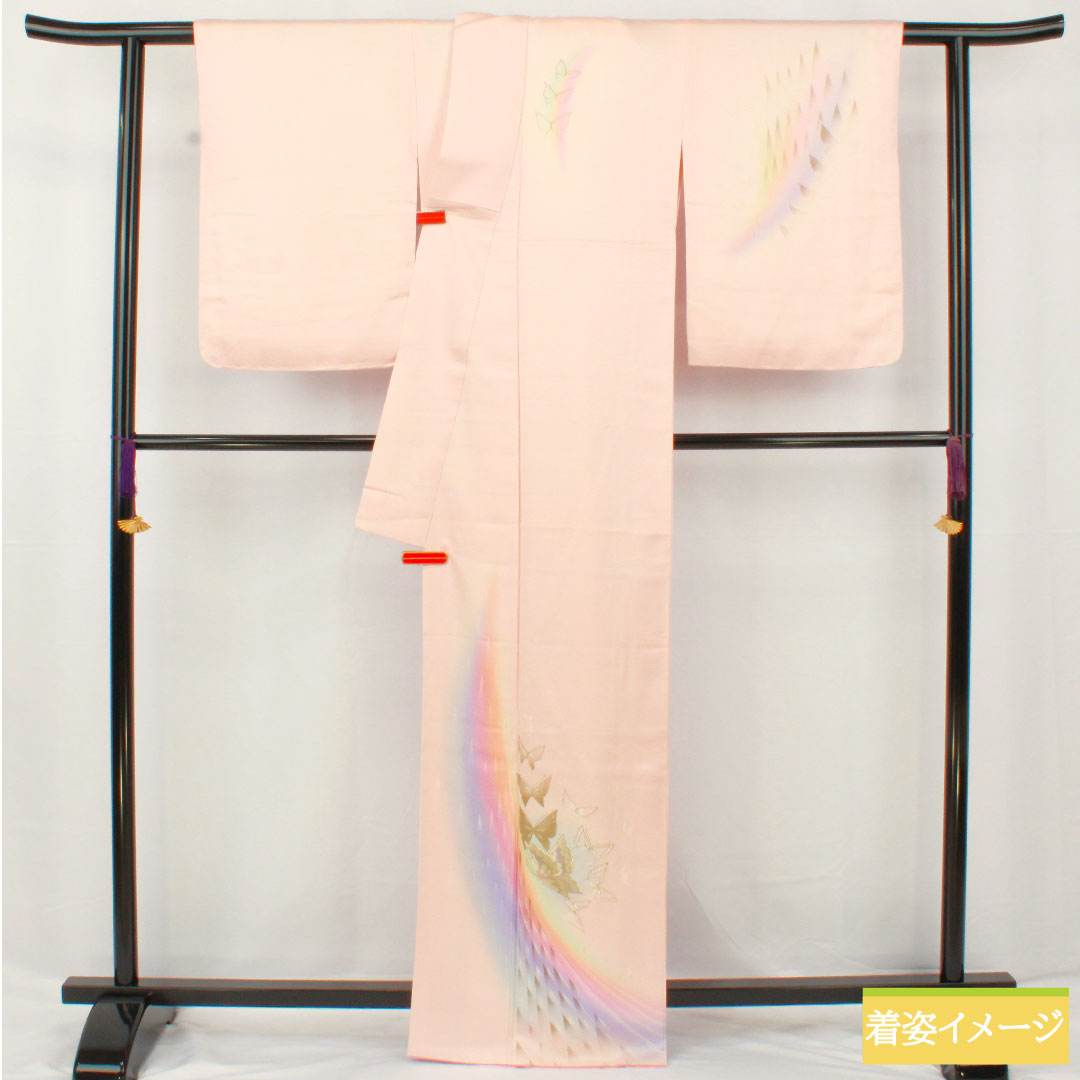 訪問着 正絹 袷 身丈167.5cm 裄丈68.5cm 今様色（いまよういろ） 京友禅 蝶 しつけ糸付き Aランク ピンク系 1112005933513