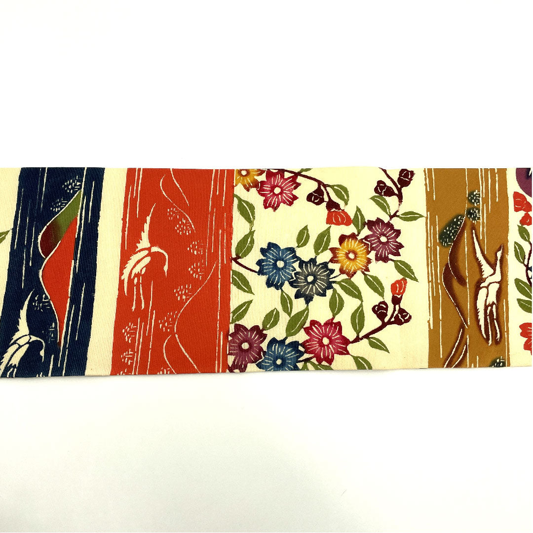 名古屋帯 型染 群鶴に枝花模様 単衣 帯丈311cm 正絹 Bランク 全通 カジュアル クリーム系 1124001404315  名古屋仕立て