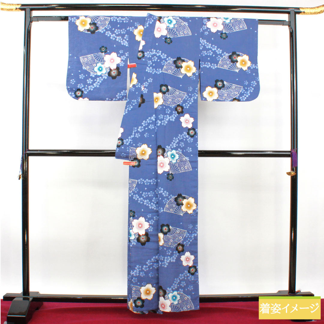 浴衣 木綿 身丈160cm 裄丈64cm Sランク 単衣 青系 江戸納戸色（えどなんどいろ） 桜 扇子 1118005192417