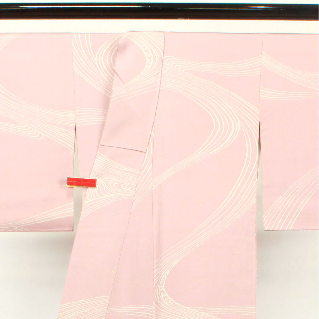 訪問着 袷 身丈157.5cm 裄丈62.5cm 退紅色 流水 草花模様 正絹 Aランク ピンク系 1112002183313