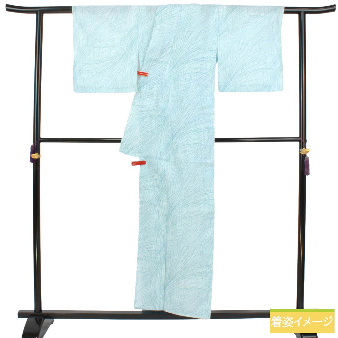 夏物 木綿 小紋 Bランク 身丈156cm 裄丈62cm 蟹鳥染色（かにとりぞめいろ） 抽象模様 紗 水色系 1132004404324
