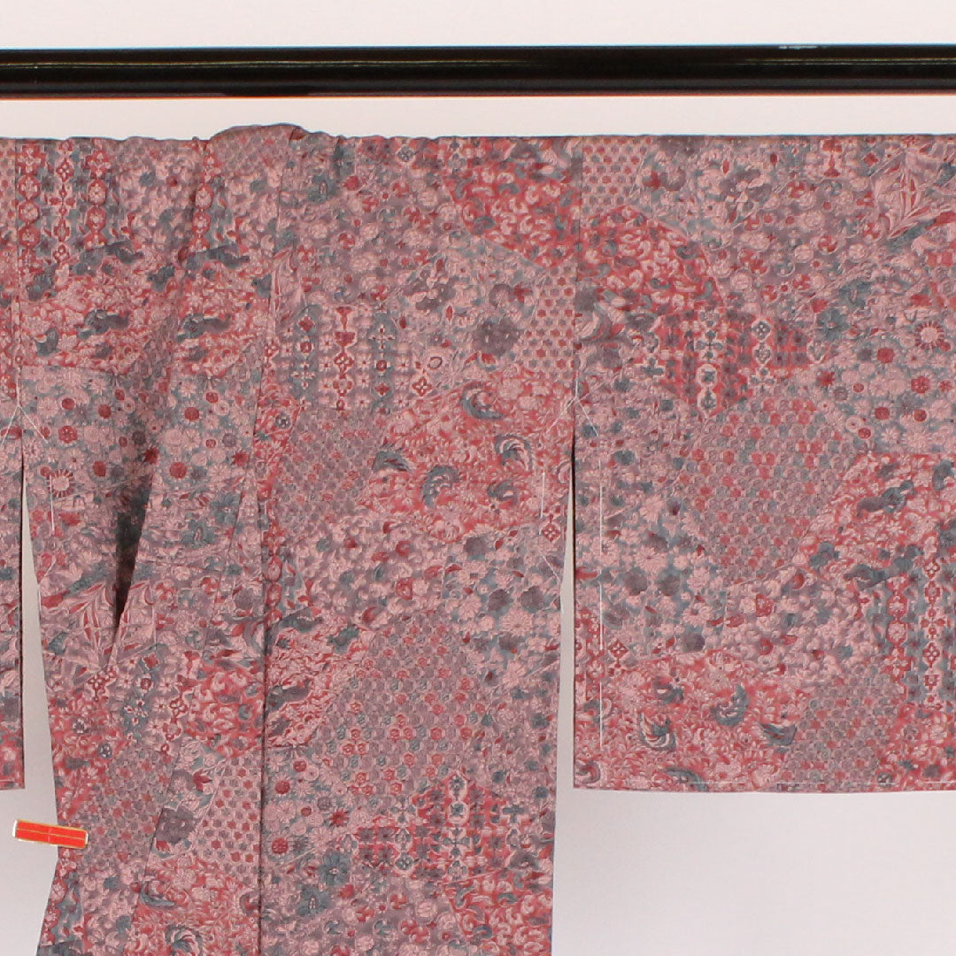 小紋 身丈160cm 裄丈64cm 袷  更紗柄 正絹 Sランク 紫系 1115000202320