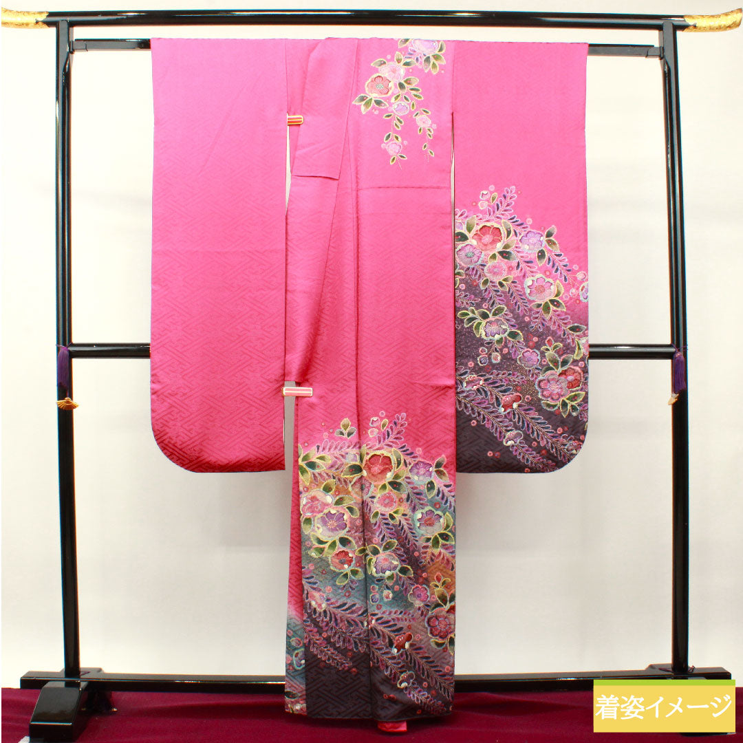 振袖 正絹 身丈163cm 裄丈63.5cm 袷  紅鶸色 辻ヶ花  Aランク 紫系 1113001883420