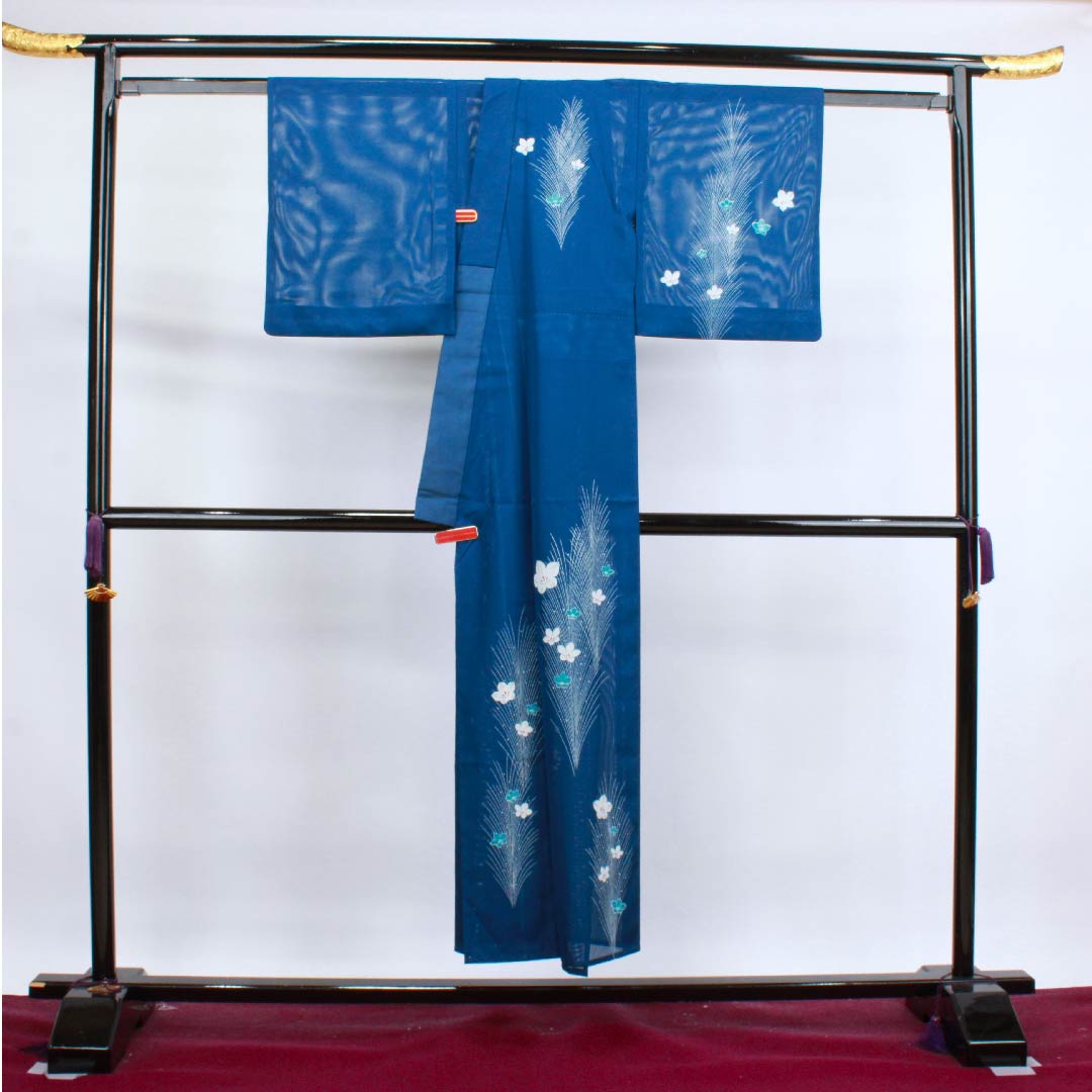 Summer polyester formal kimono, length 148.5cm, sleeve length 62.5cm, indigo blue, floral pattern, silk, S rank, navy blue, 1132000322118