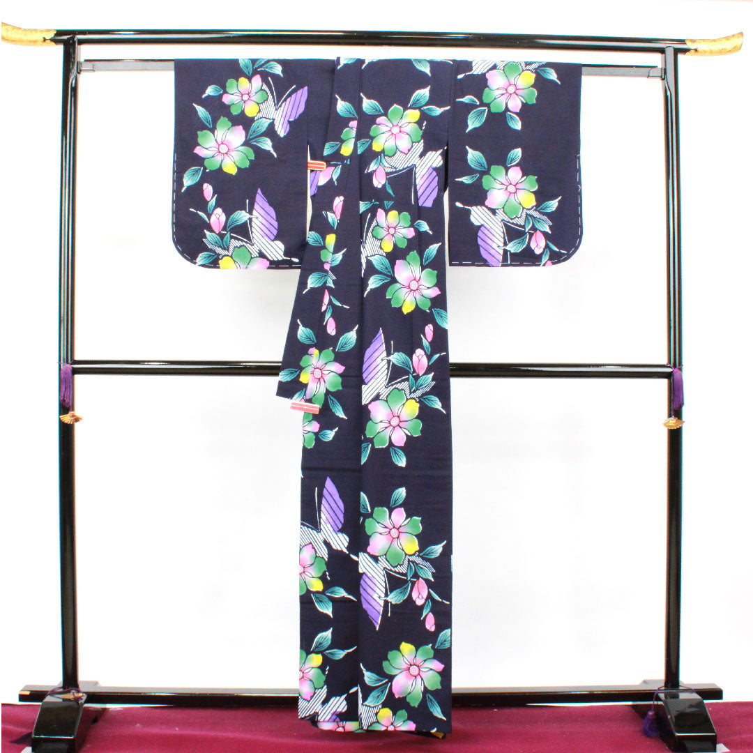 Yukata, dark blue, floral pattern, cotton, S rank, single layer, length 161.5cm, sleeve length 64cm, navy blue, 1118001982418