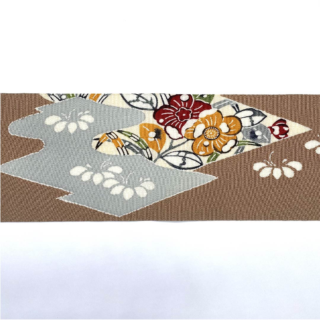 名古屋帯 小鹿色 京紅型 栗山工房 辻ヶ花模様 帯丈376.5cm 正絹 Sランク ポイント柄 カジュアル 茶系 1124005192314  名古屋仕立て
